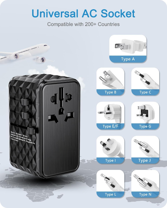 Adaptador de viagem internacional 120W, adaptador de viagem universal GaN com 1 USB-A e 3 Tipo C