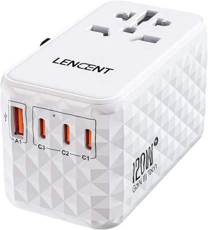 Adaptador de viagem internacional 120W, adaptador de viagem universal GaN com 1 USB-A e 3 Tipo C