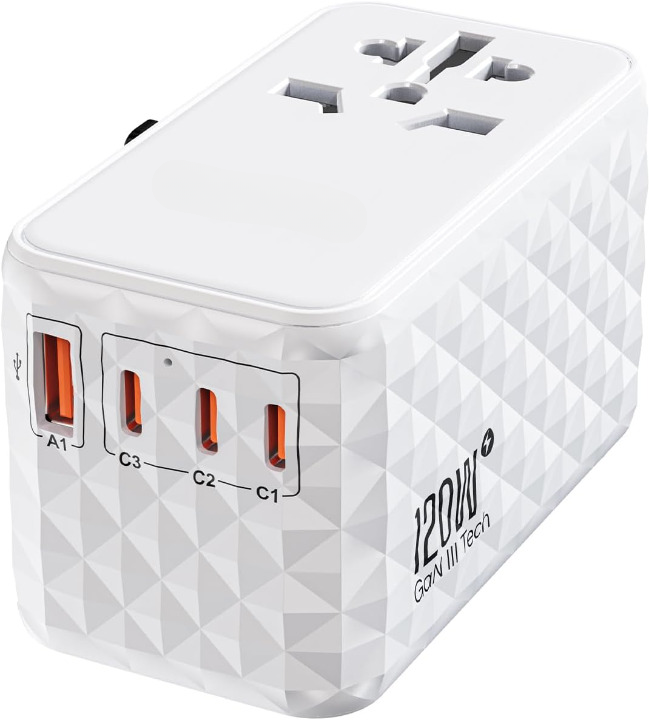 Adaptador de viagem internacional 120W, adaptador de viagem universal GaN com 1 USB-A e 3 Tipo C